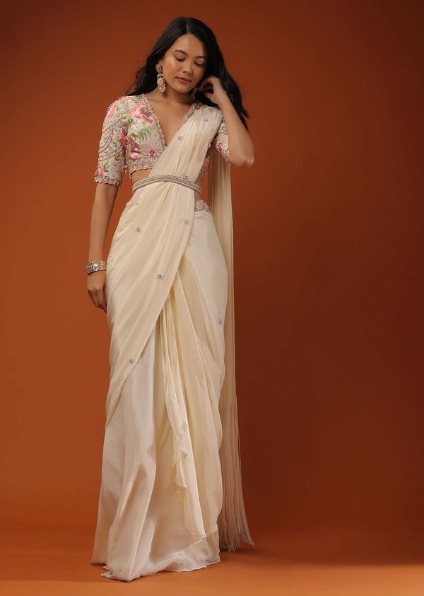 Cream White Ready To Wear Saree With Floral Hand Work On The Blouse