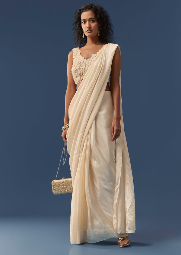 Cream Pre-Draped Beaded Saree with Blouse