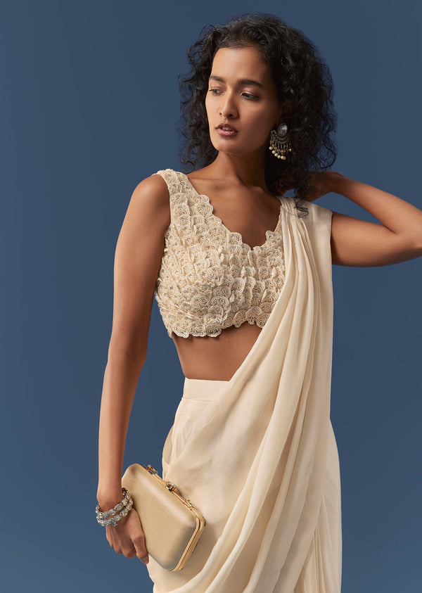 Cream Pre-Draped Beaded Saree with Blouse