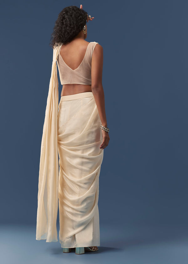 Cream Pre-Draped Beaded Saree with Blouse