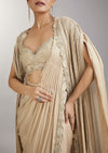 Cream Pre Draped Indo Western Saree With Jacket