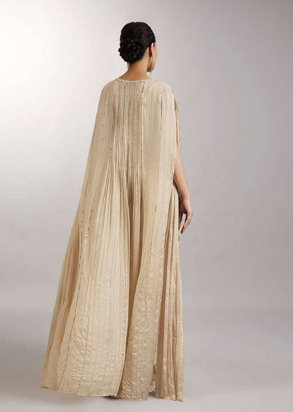 Cream Pre Draped Indo Western Saree With Jacket