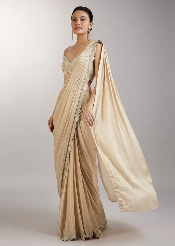 Cream Pre Draped Indo Western Saree With Jacket