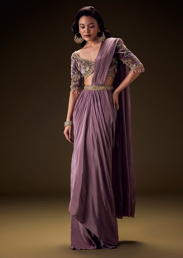 Dahlia Purple Ready To Wear Saree With Hand Embroided Belt Hand Velvet Blouse