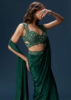 Dark Green Ready Pleated Saree With Embellished Blouse