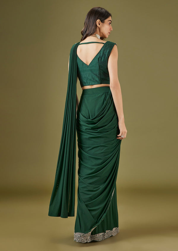 Dark Green Ready Pleated Saree With Mirror Embellished Blouse