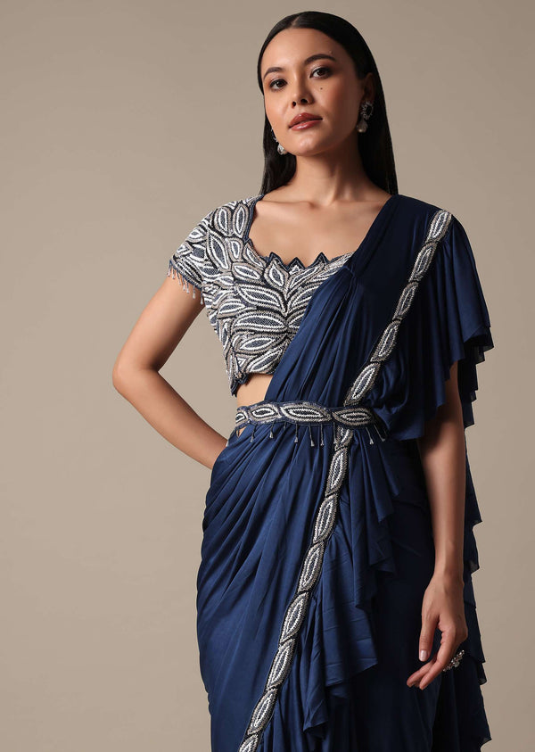 Elegant Blue Frill Ready To Wear Saree With Embellished Blouse