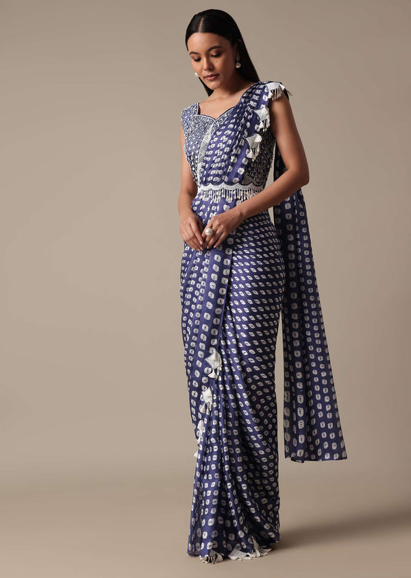 Elegant Blue Readymade Saree With Stitched Blouse