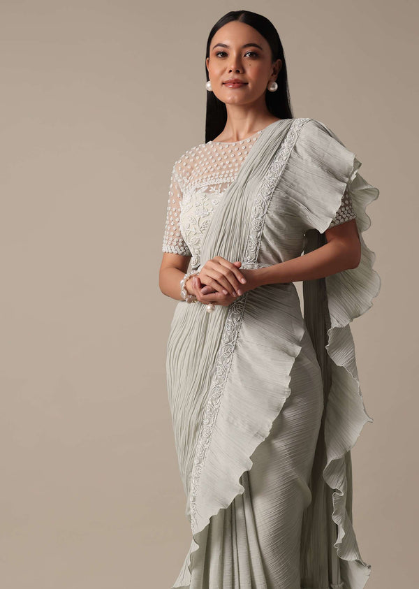 Elegant Grey Readymade Saree With Stitched Blouse