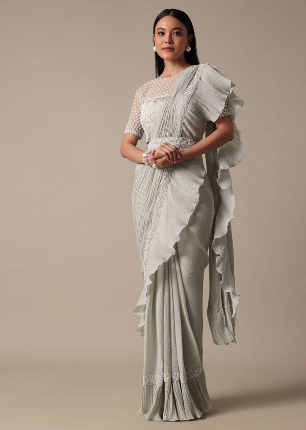 Elegant Grey Readymade Saree With Stitched Blouse