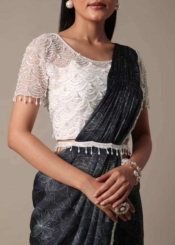 Elegant Ready To Wear Printed Saree With Embellished Ready Blouse