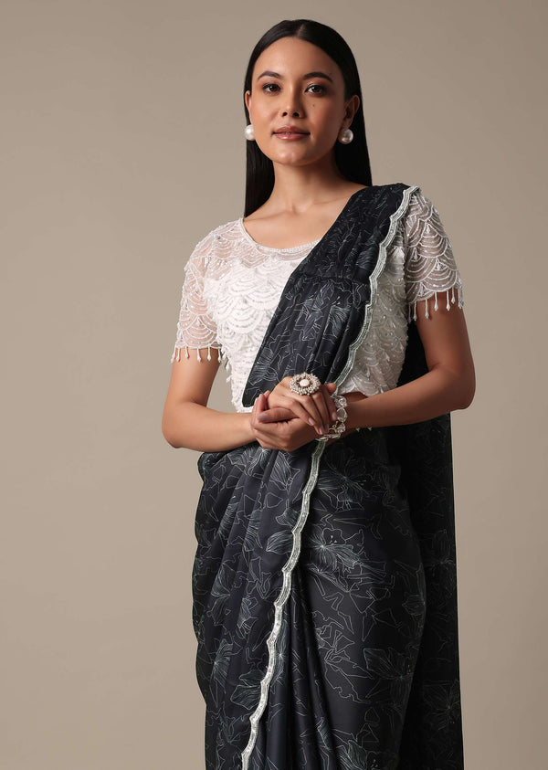 Elegant Ready To Wear Printed Saree With Embellished Ready Blouse