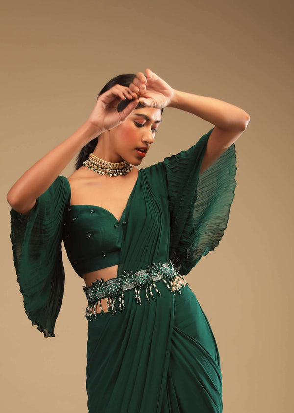 Emerald Green Ready To Wear Saree In Georgette With Bell Sleeves Crop Top And Chunky Embroidered Belt