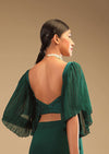 Emerald Green Ready To Wear Saree In Georgette With Bell Sleeves Crop Top And Chunky Embroidered Belt