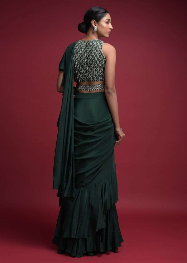 Emerald Green Saree In Crepe With Ruffled Pallu And Layered Ruffles On The Pleats