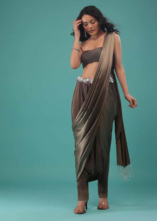 Fossil Brown Ready To Wear Dhoti Saree In Knitted Pleated Fabric