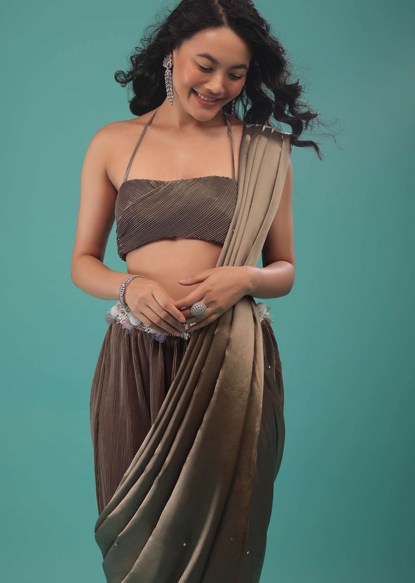 Fossil Brown Ready To Wear Dhoti Saree In Knitted Pleated Fabric