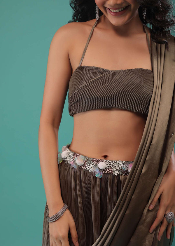 Fossil Brown Ready To Wear Dhoti Saree In Knitted Pleated Fabric