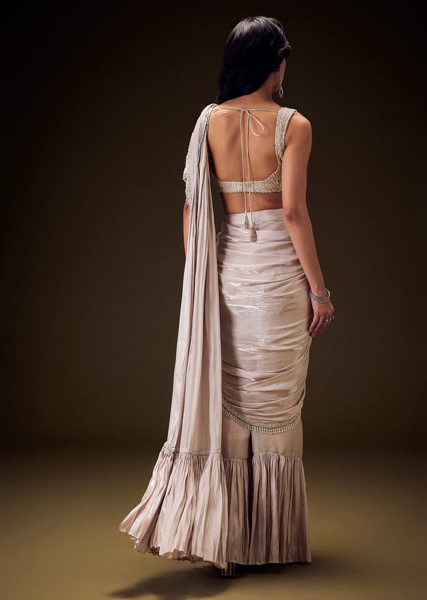 Frosted Ivory Satin Ruffled Ready Pleated Saree