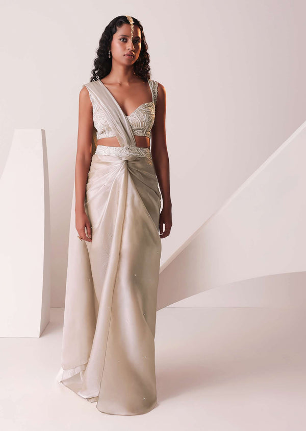 Glam Silver Embroidered Ready To Wear Saree In Organza