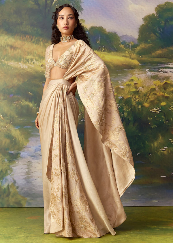 Gold Banarasi Silk Ready Pleated Saree And Blouses