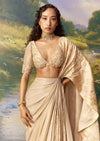 Gold Banarasi Silk Ready Pleated Saree And Blouses