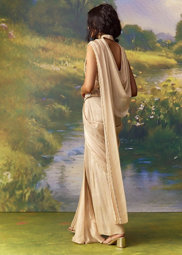 Gold Banarasi Silk Ready Pleated Saree with Blouse