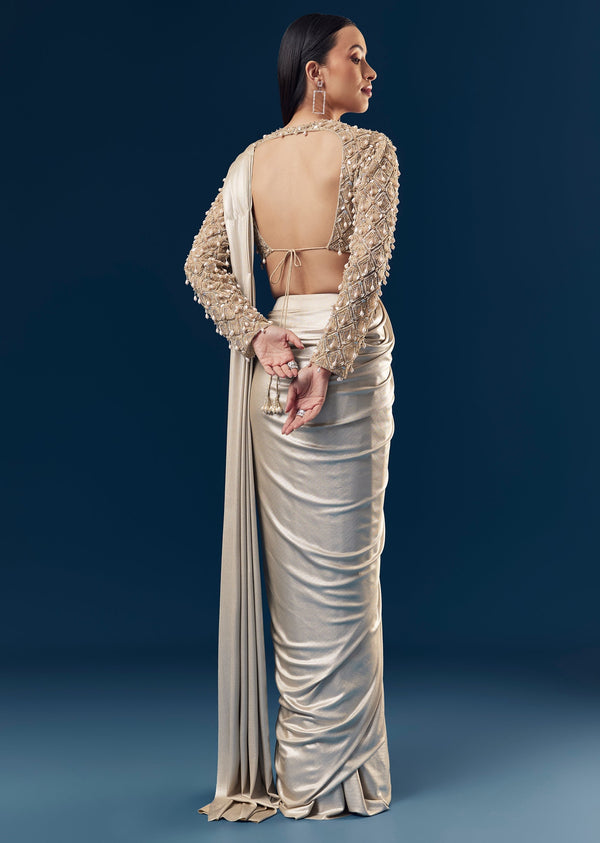 Gold Ready Pleated Saree With Full Sleeve Pearl Detailed Blouse