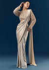 Gold Ready Pleated Saree With Full Sleeve Pearl Detailed Blouse