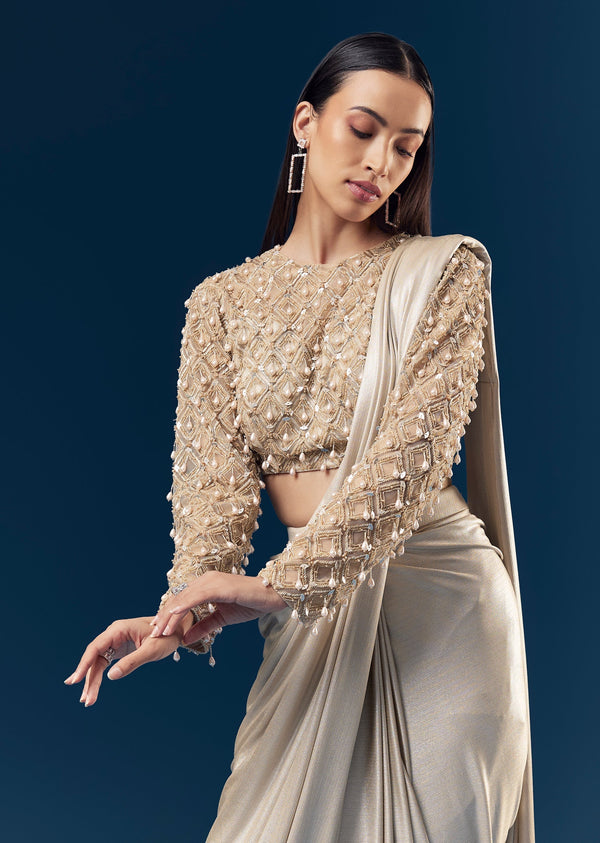 Gold Ready Pleated Saree With Full Sleeve Pearl Detailed Blouse