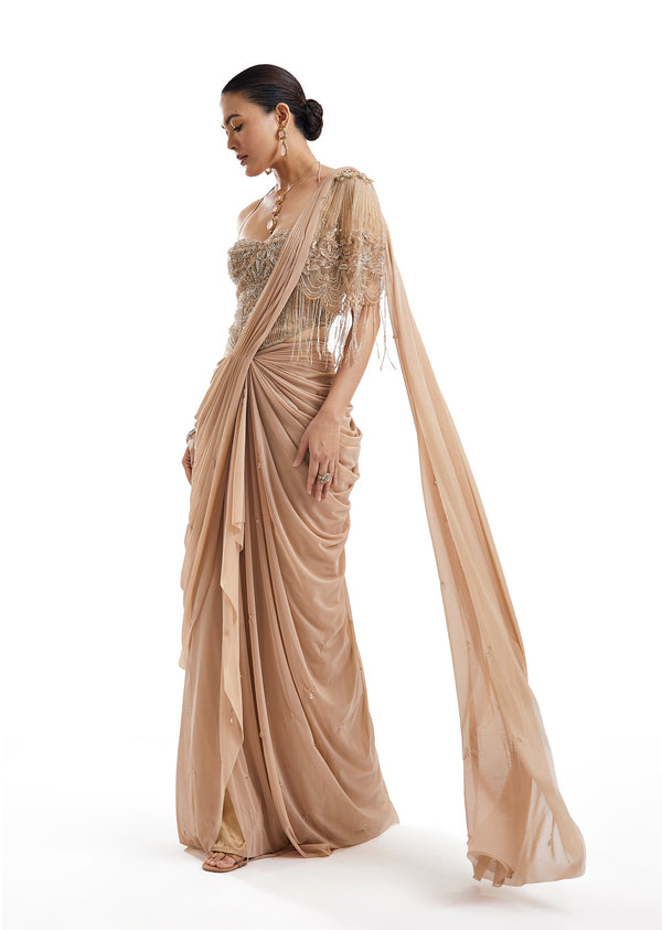 Gold Ready Pleated Saree With Halter Blouse