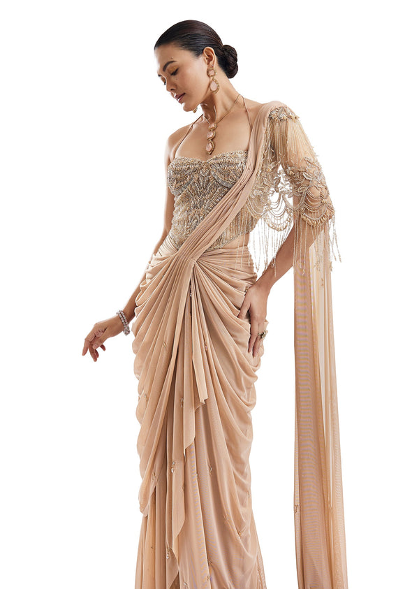 Gold Ready Pleated Saree With Halter Blouse
