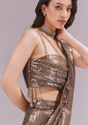 Gold Ready Pleated Saree With Sequins Dory Work And Cowl Neck
