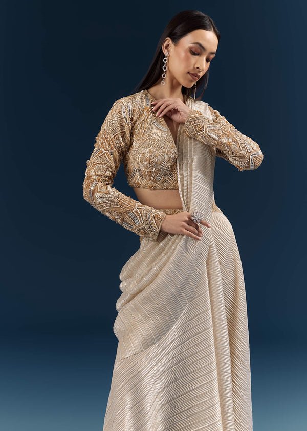 Gold Ready Pleated Saree With Aari Work