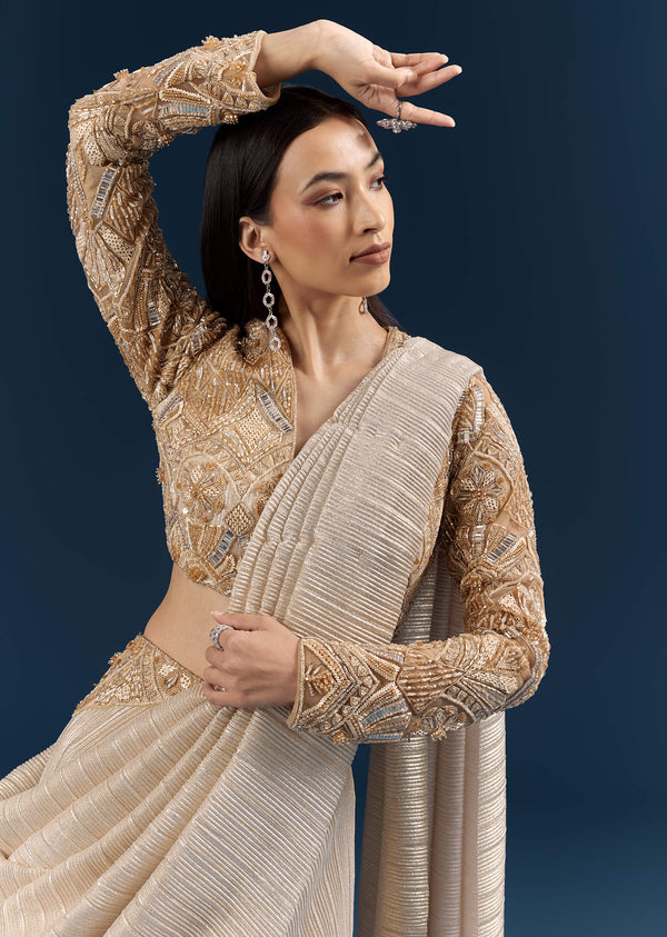 Gold Ready Pleated Saree With Aari Work