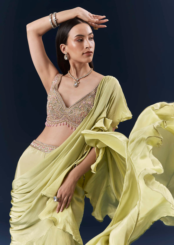 Green Crepe Ready Pleated Saree With Intricate Embroidery