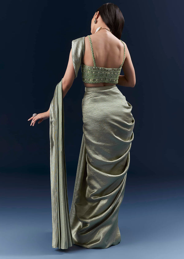 Green Net Ready Pleated Saree With Embroidery