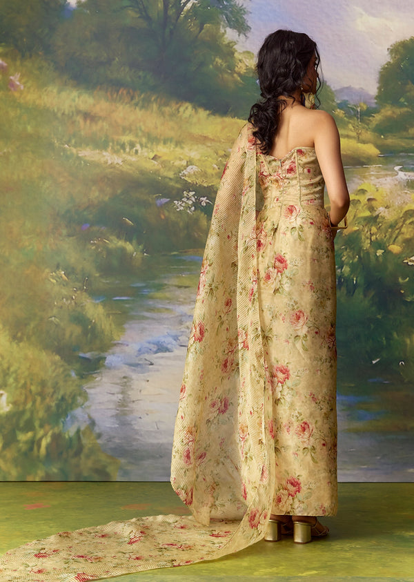 Green Organza Printed Draped Corset Saree