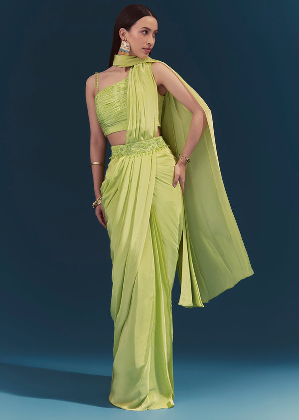 Green Ready Pleated Saree With Belt