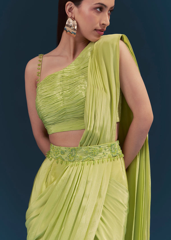 Green Ready Pleated Saree With Belt