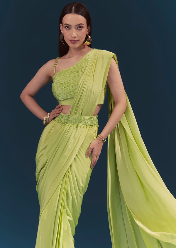 Green Ready Pleated Saree With Belt