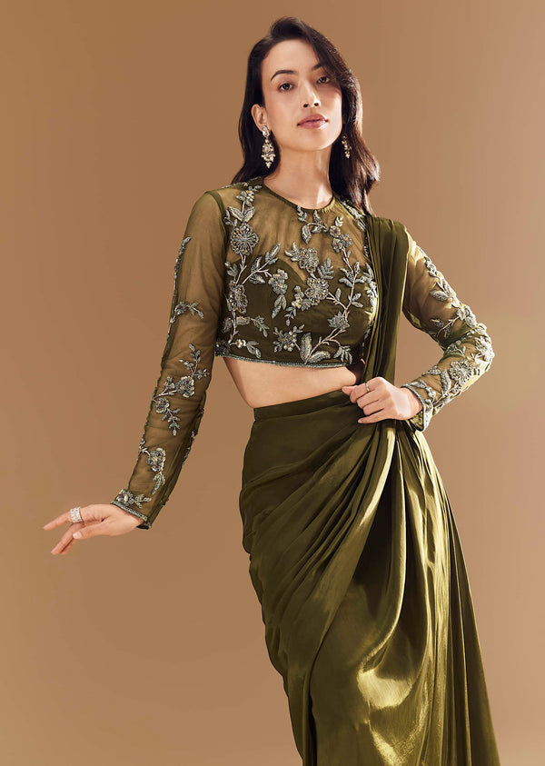 Green Ready Pleated Saree with Cutdana Blouse