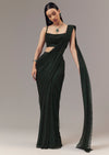 Green Satin Ready Pleated Indo Western Saree With Stone Detail Work
