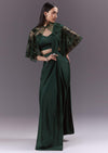 Green Satin Ready Pleated Saree With Embroidery