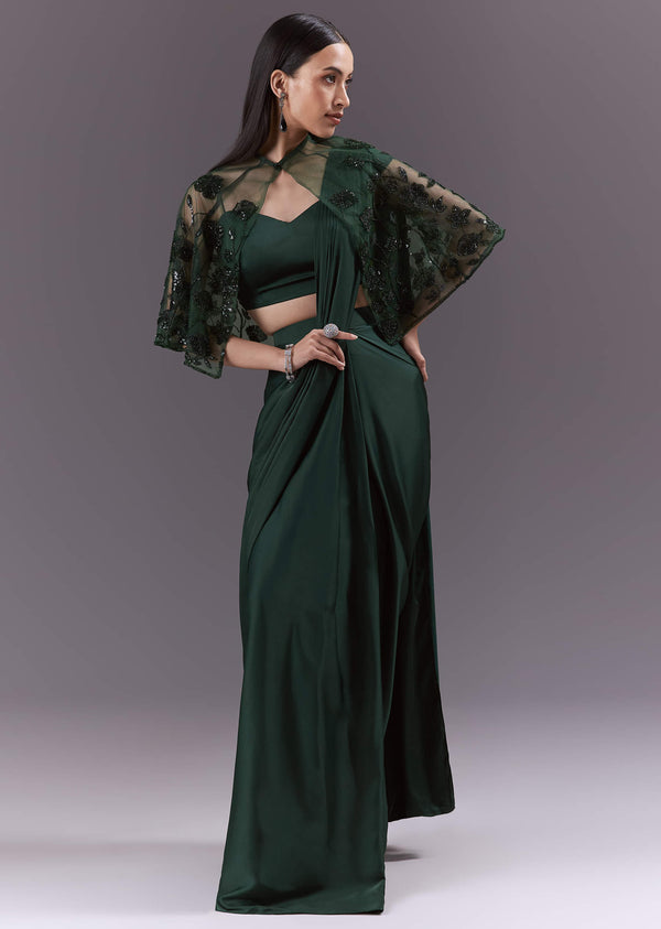 Green Satin Ready Pleated Saree With Embroidery