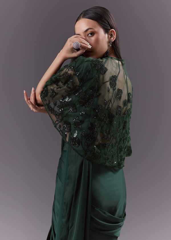 Green Satin Ready Pleated Saree With Embroidery