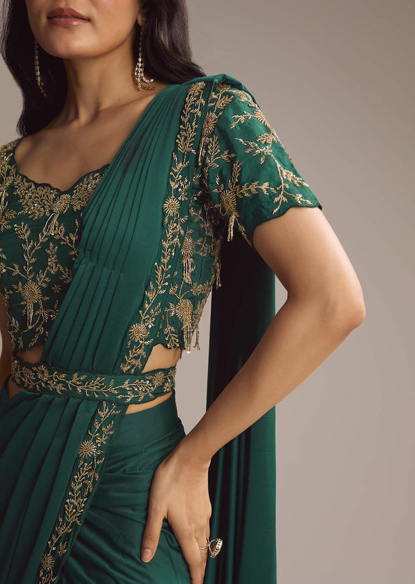 Green Lycra Ready Pleated Saree With Cutdana Work