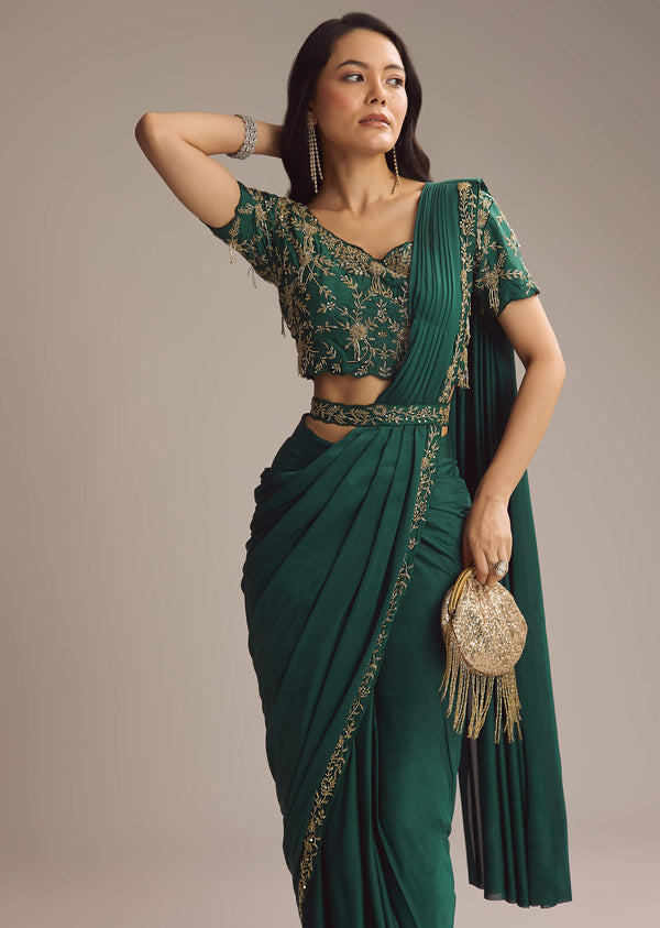 Green Lycra Ready Pleated Saree With Cutdana Work