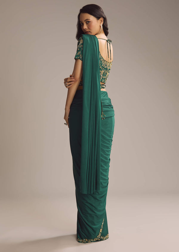 Green Lycra Ready Pleated Saree With Cutdana Work