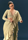 Green Frill Ready To Wear Saree With Embellished Blouse